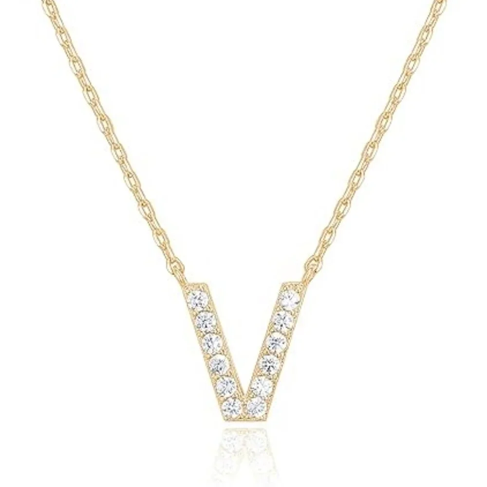 14K Yellow Gold Initial Necklace Letter Dainty Diamond Gift Present P - Z